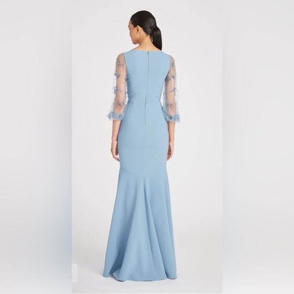 NWT Theia Kiera Light Blue Beaded Puff Sheer Sleeve Ethereal Gown - Picture 3 of 17